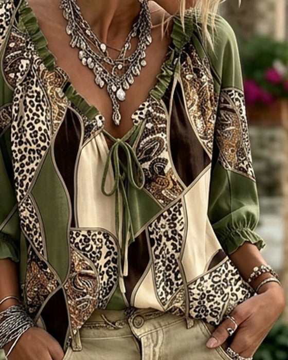 Bluse V-Ausschnitt Leopard Puffärmel Binden