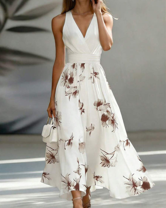 Kleid Ärmellos V-Ausschnitt Taille Blumen