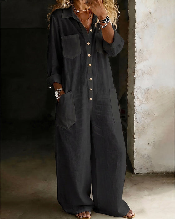 Jumpsuit 100% Baumwolle Reverskragen Casual Weites Bein