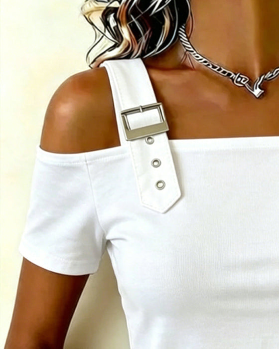 T-Shirt Schiebeschnalle Off-Shoulder Einfarbig Entspannt