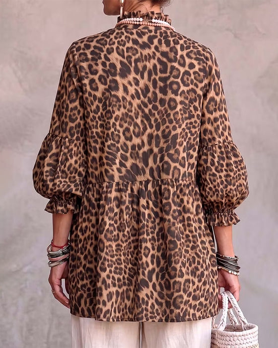 Oberteil Leopard Druck Rüsche Besatz Knopf