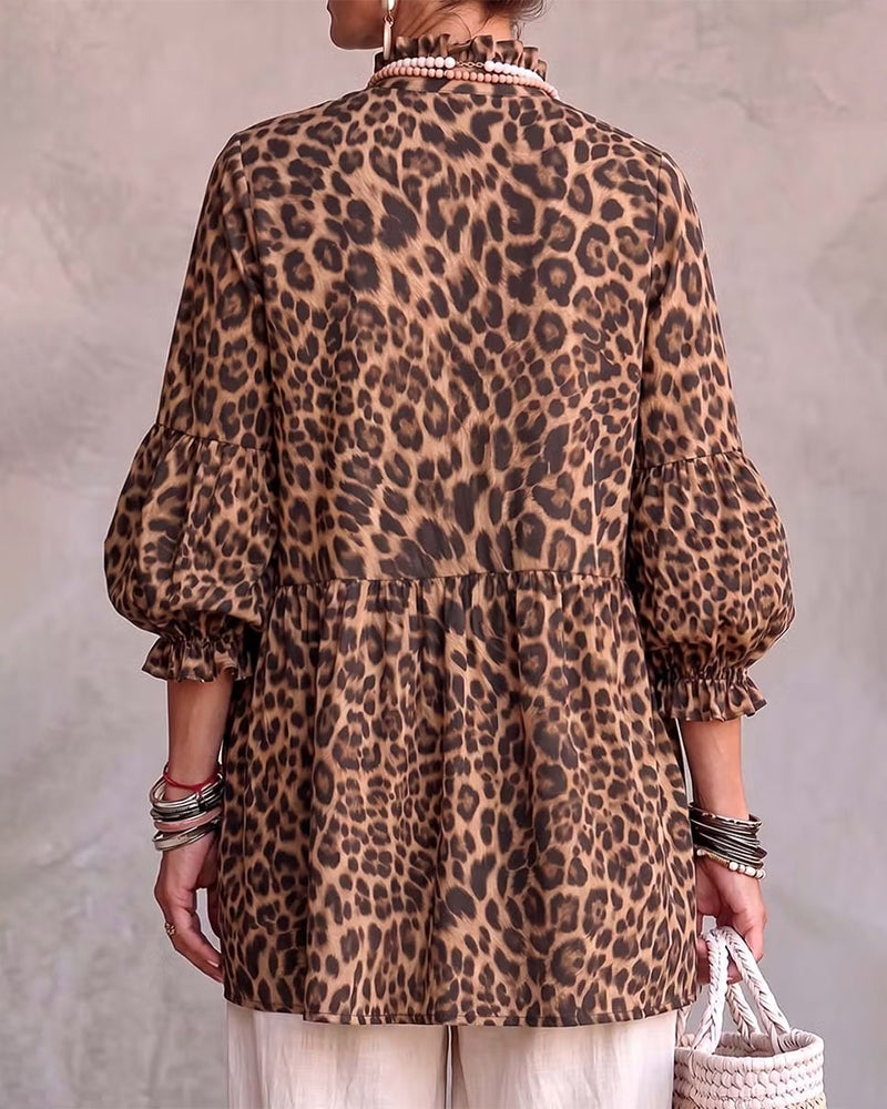 Oberteil Leopard Druck Rüsche Besatz Knopf
