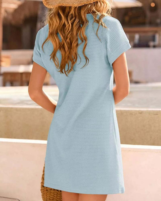 Kleid Waffel Strukturiert Spitzenbesatz Kurzarm