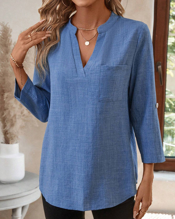 Bluse V-Ausschnitt Einfarbig Langarm Tasche