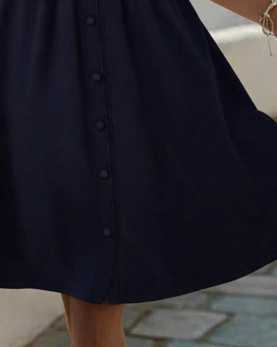 Kleid V-Ausschnitt Knopf Gerafft Spitze Patchwork