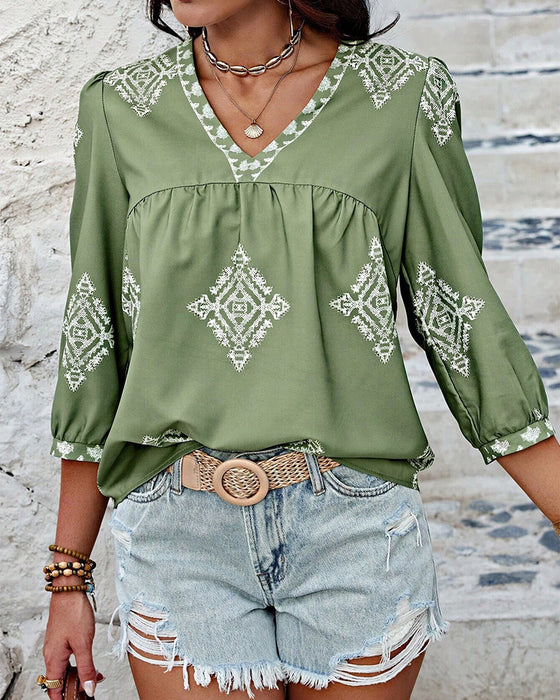Bluse mit V-Ausschnitt Diamantmuster Dreiviertelärmel