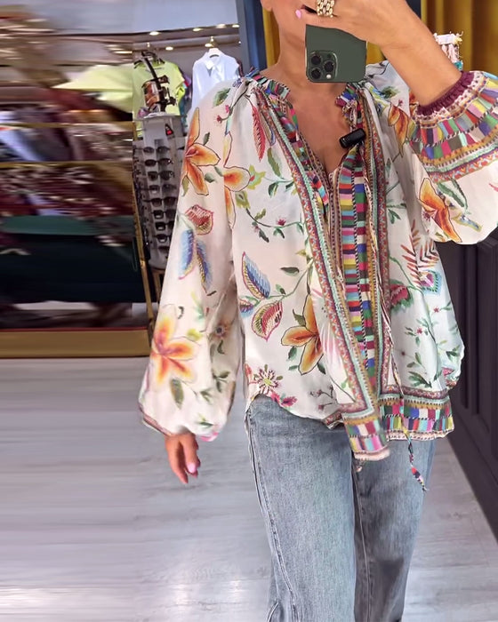 Bluse Sexy V-Ausschnitt Mode-Print