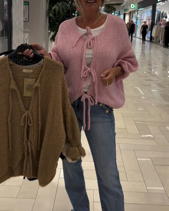 Lässiger, einfarbiger cardigan mit schnürung und langen ärmeln