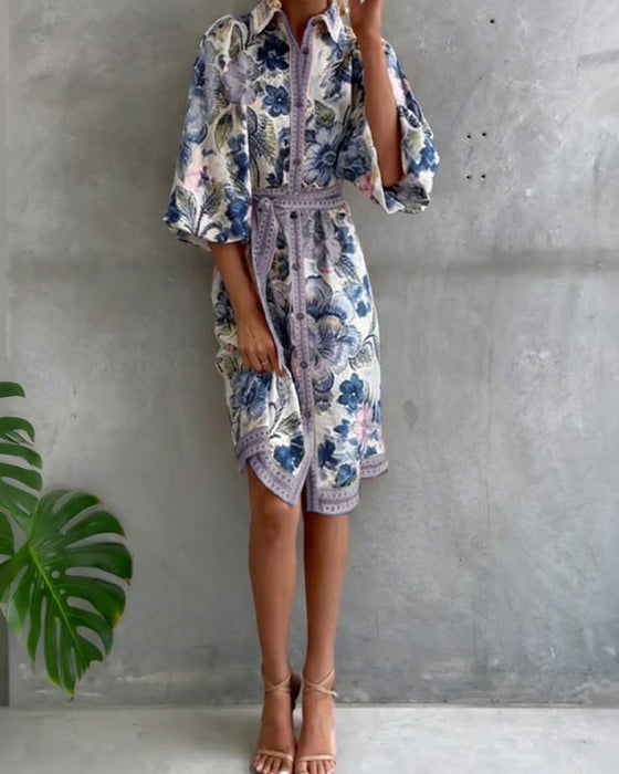 Lampenärmel Kleid mit Reverskragen und Print
