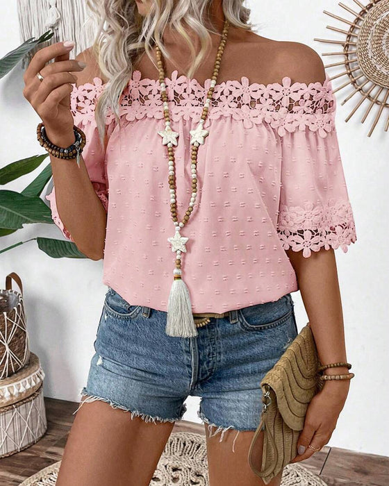 Bluse Ein-Schulter Spitze 3D-Blume
