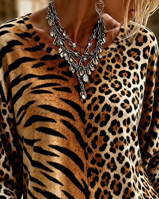 Oberteil V-Ausschnitt Leopard Tiger-Druck Puff-Ärmel
