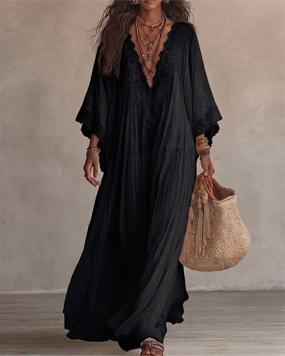 Kleid V-Ausschnitt Spitze Patchwork Unifarben