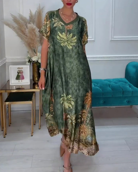 Kleid V-Ausschnitt Palmenbaum Druck Kurzarm Lang