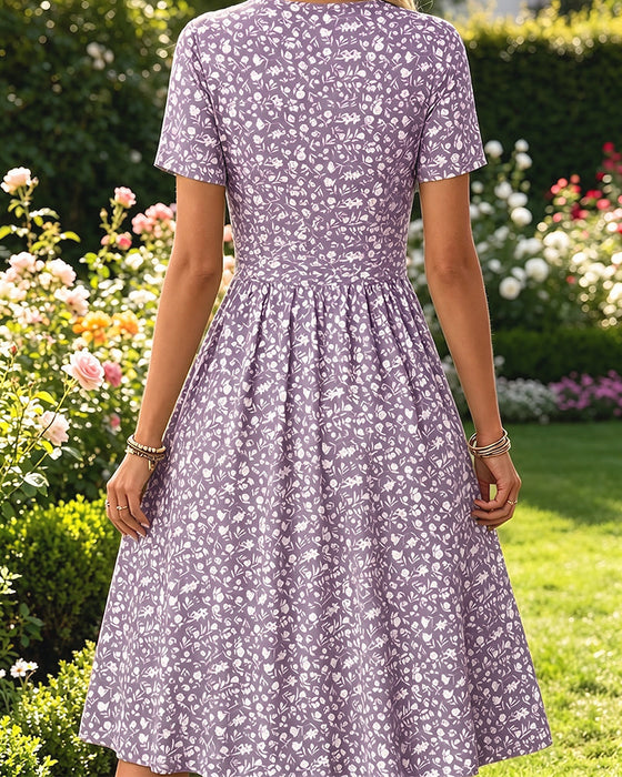 Kleid V-Ausschnitt Kurzarm Kleine Blumen