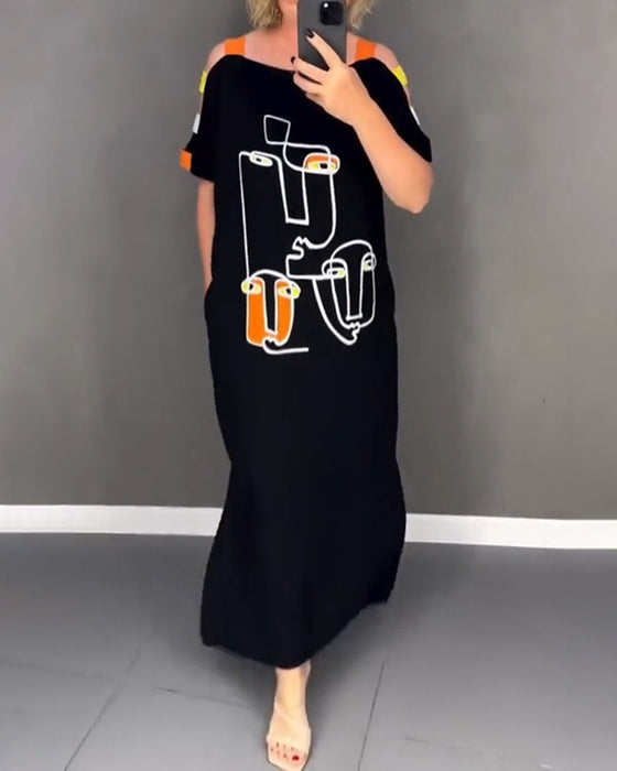 Kleid Schulterfrei Hohlauschnitt Druck Schlitz