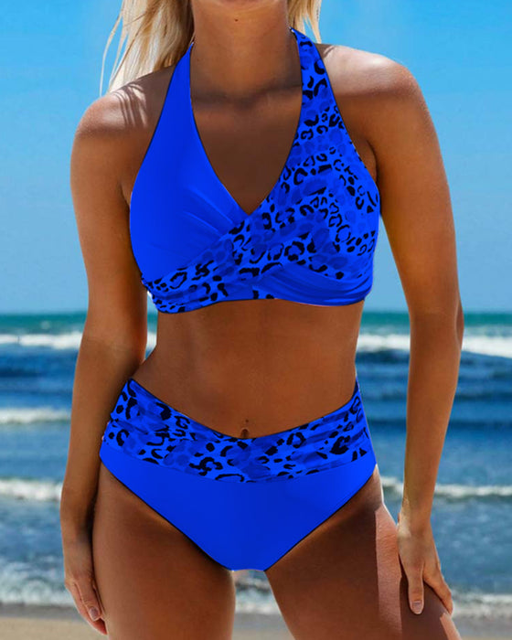 Neckholder-Bikini mit Leoparden-Patchwork-Print