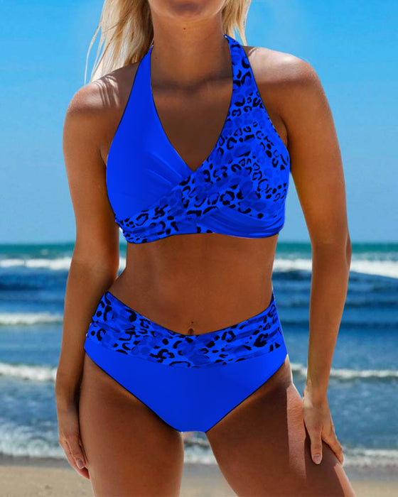 Neckholder-Bikini mit Leoparden-Patchwork-Print