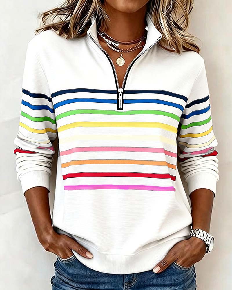 Modisches Sweatshirt Mit Halbem Reißverschluss Und Regenbogenstreifen