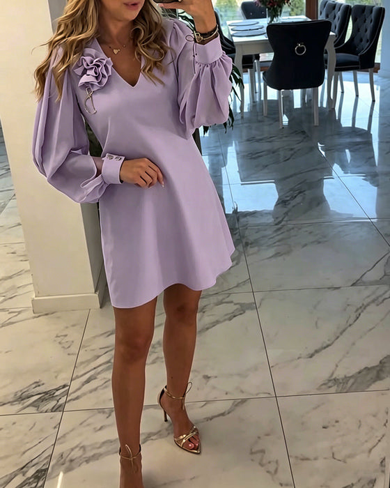 Kleid Dreidimensionale Blume V-Ausschnitt Kugelärmel