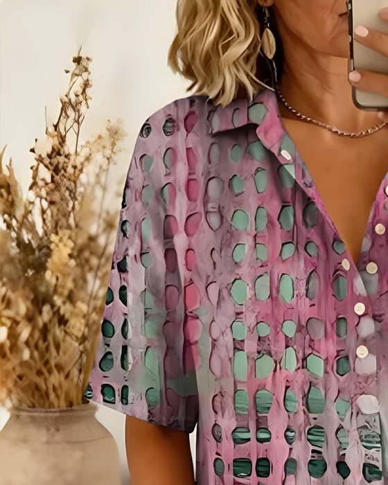 Bluse Tupfenprint Knopf Halbe Knopfleiste