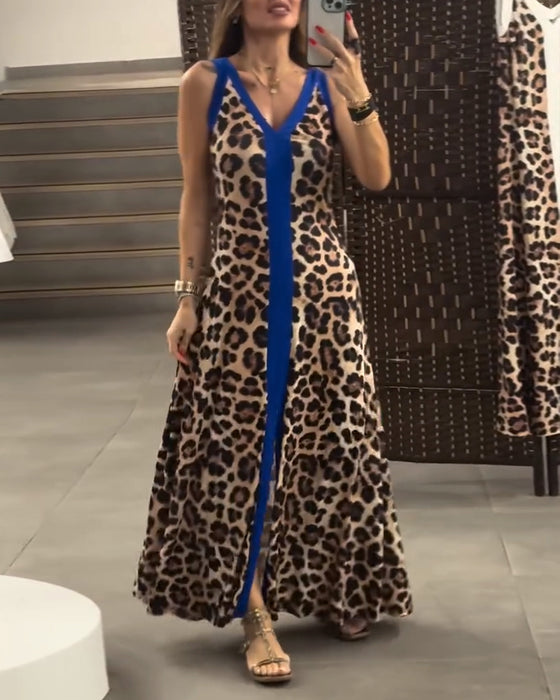 Kleid ärmellos elegant Leopardenmuster Kontrast