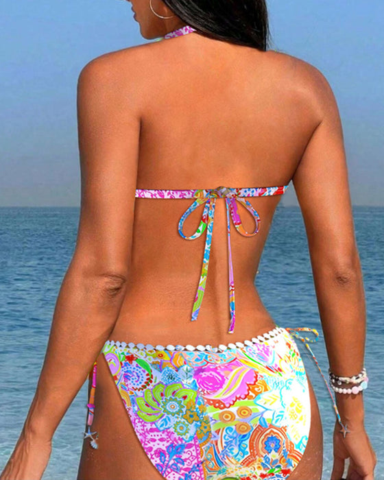 Bunt bedruckter Patchwork-Spitzen-Neckholder-Bikini