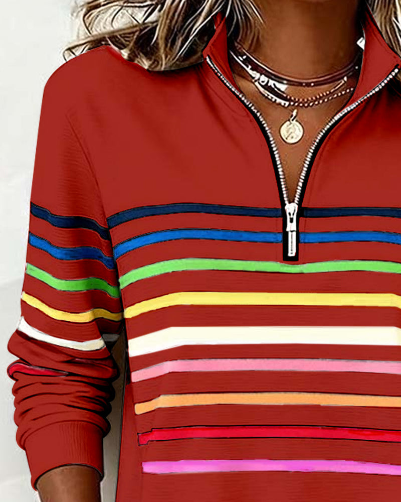 Modisches Sweatshirt Mit Halbem Reißverschluss Und Regenbogenstreifen