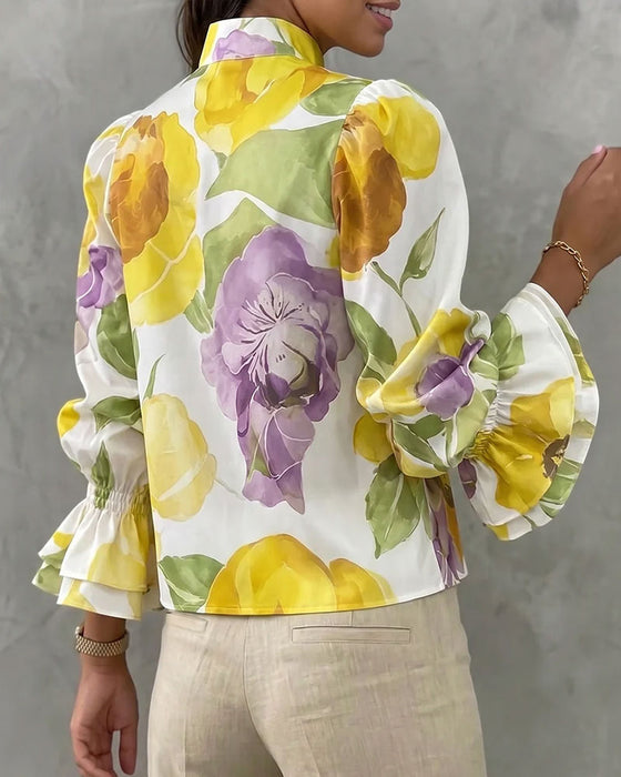 Langarmbluse Mit Stehkrage Großem Aquarellblumenmuster