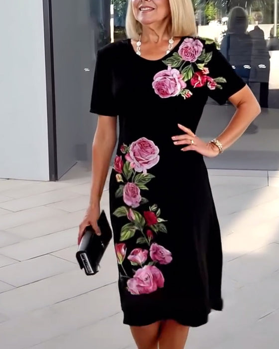 Kleid Kurzärmlig Rosenprint Schlauch