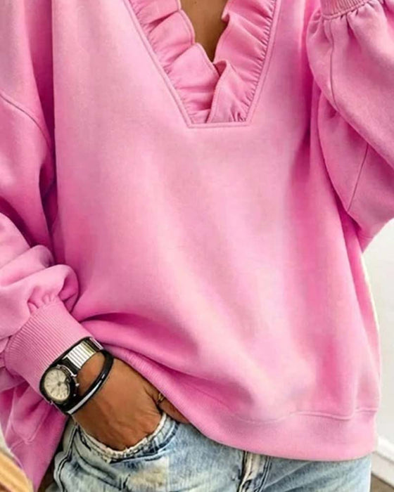 Sweatshirt Rüsche V-Ausschnitt Drop Schulter