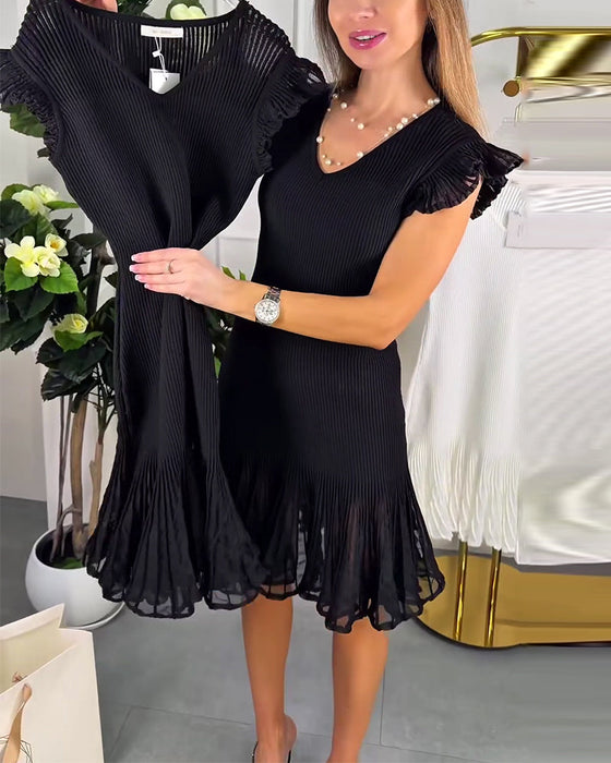 Kleid Kleine Flügelärmel Spitze V-Ausschnitt