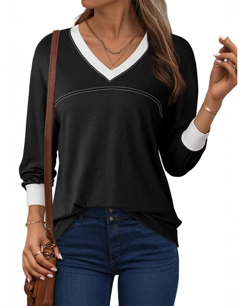 Bluse Kontrast V-Ausschnitt Locker