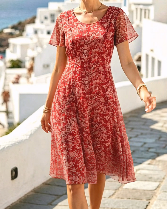 Kleid Blumig Kurzarm A-Linie