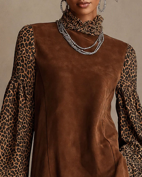 Kleid Leopardenmuster Laterne Ärmel Rüschen Gerade Mini