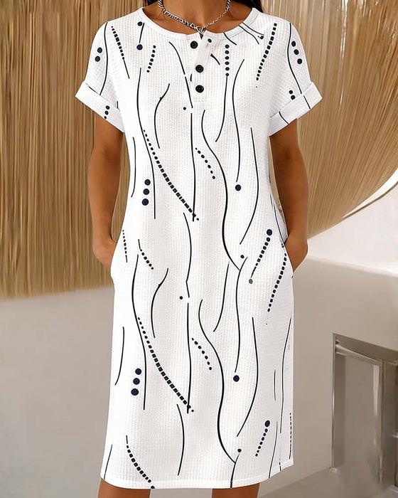 Kleid Rundhals Knopf Linie Waffel