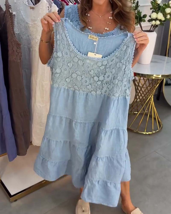 Kleid Rundhals Ärmellos Spitze Lagen