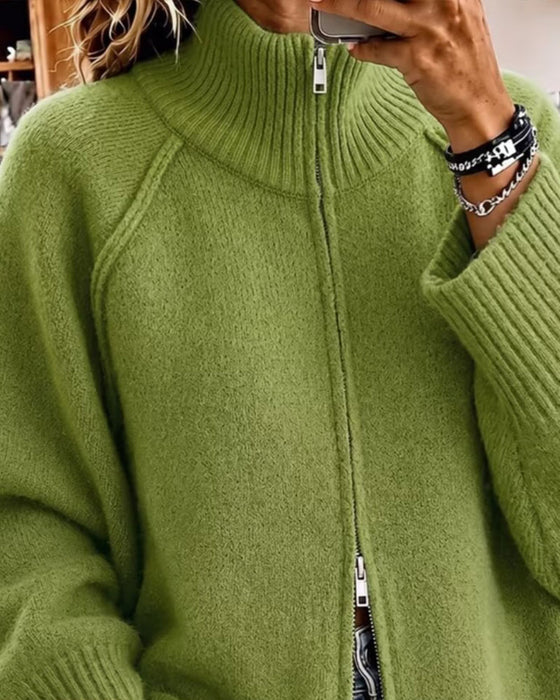 Strickjacke Stehkragen Reißverschluss Einfarbig