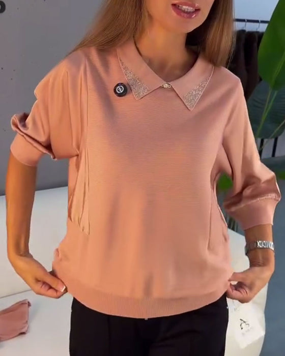 Pullover Revers Ellenbogenlang Ärmel Gestrickt Elegant