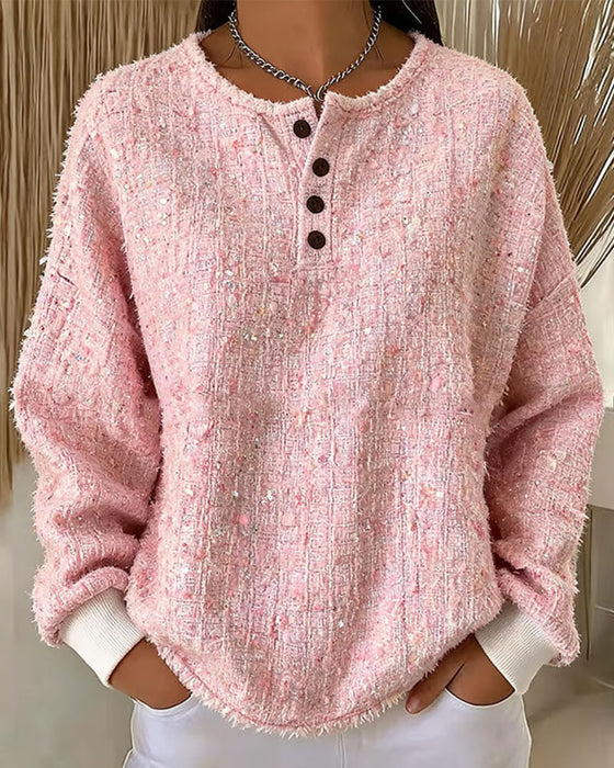 Sweatshirt Tweed Henley-Kragen Knopfleiste