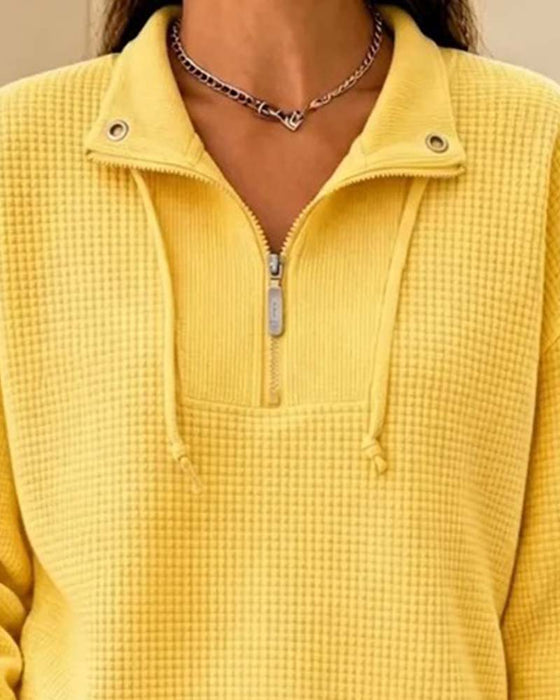 Sweatshirt Waffel Kordel Halbreißverschluss