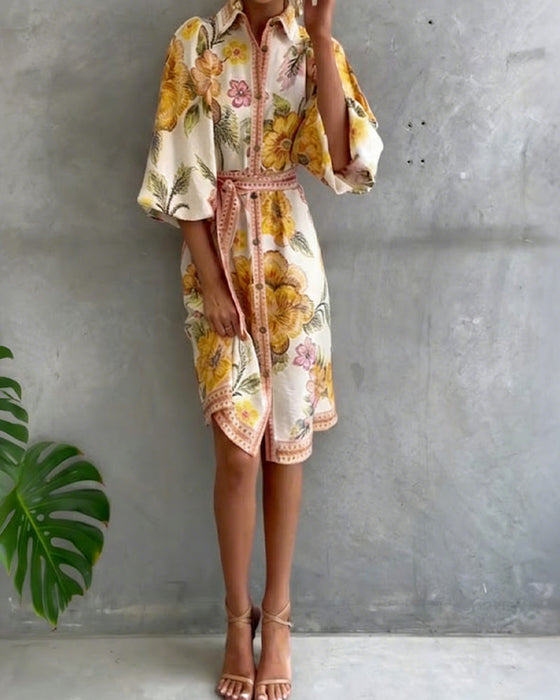 Lampenärmel Kleid mit Reverskragen und Print