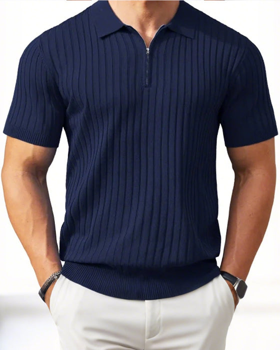 Hemden Herren Reißverschluss Kurzarm Rippstrick Polo T-Shirts Golf
