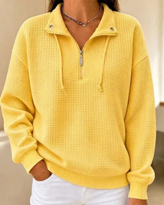 Sweatshirt Waffel Kordel Halbreißverschluss