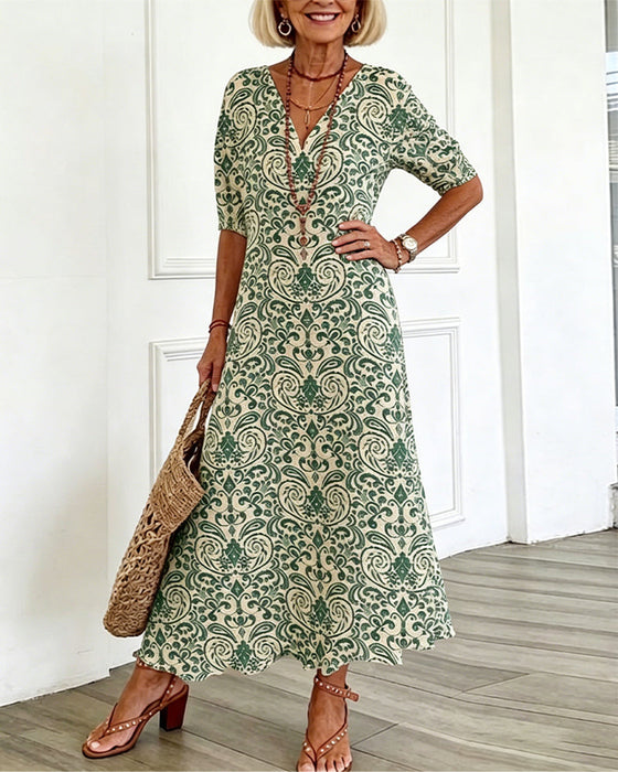 Kleid Vintage Blumenmuster V-Ausschnitt Maxi