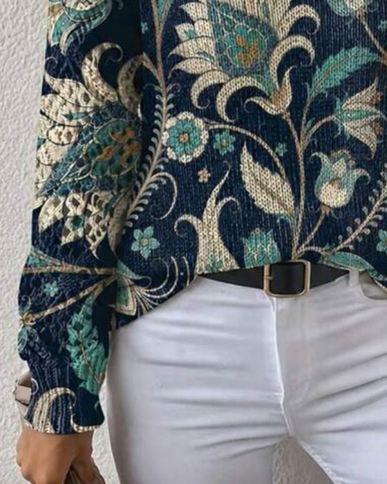 Pullover V-Ausschnitt Langarm Blumen Druck