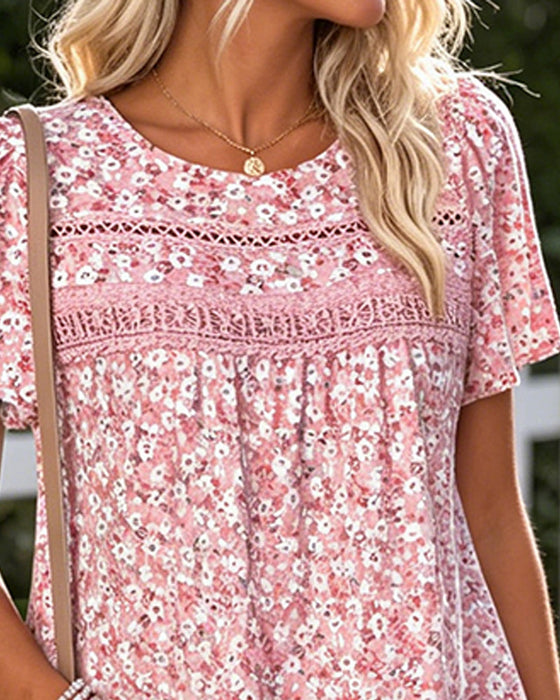 Kleid Rundhals Blumig Gestuft