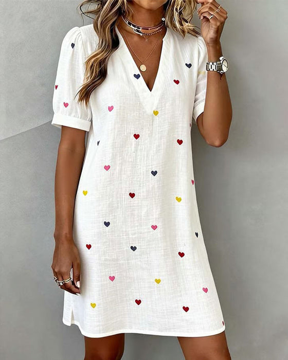 Buntes Herz-Print-Kleid Mit V-Ausschnitt