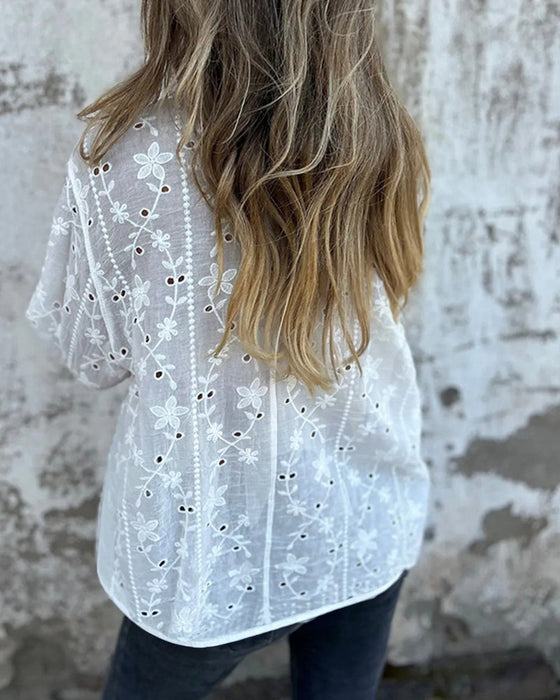 Bluse Floral Hohl-Ausgeschnitten Langarm