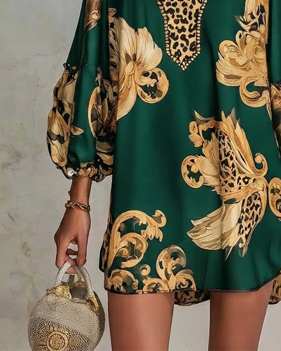 Kleid Leopard Laterne Ärmel Stehkragen Druck