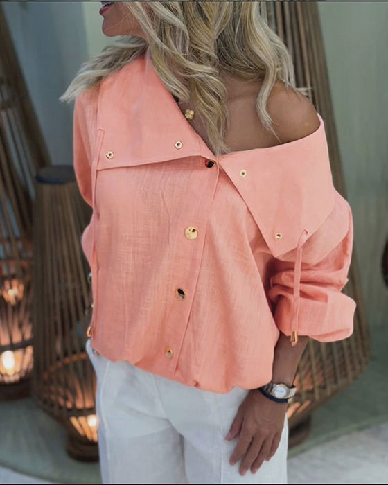 Blouse Großes Revers Knopf-Vorne Kurz